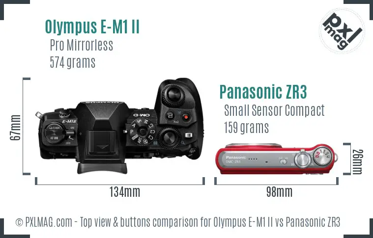 Olympus E-M1 II vs Panasonic ZR3 top view buttons comparison