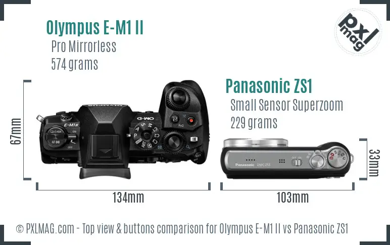 Olympus E-M1 II vs Panasonic ZS1 top view buttons comparison
