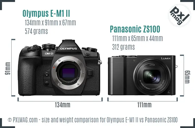 Olympus E-M1 II vs Panasonic ZS100 size comparison