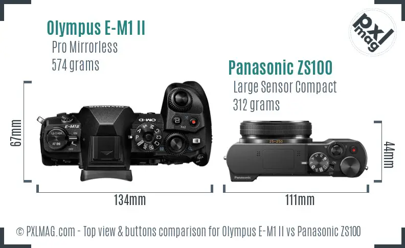 Olympus E-M1 II vs Panasonic ZS100 top view buttons comparison