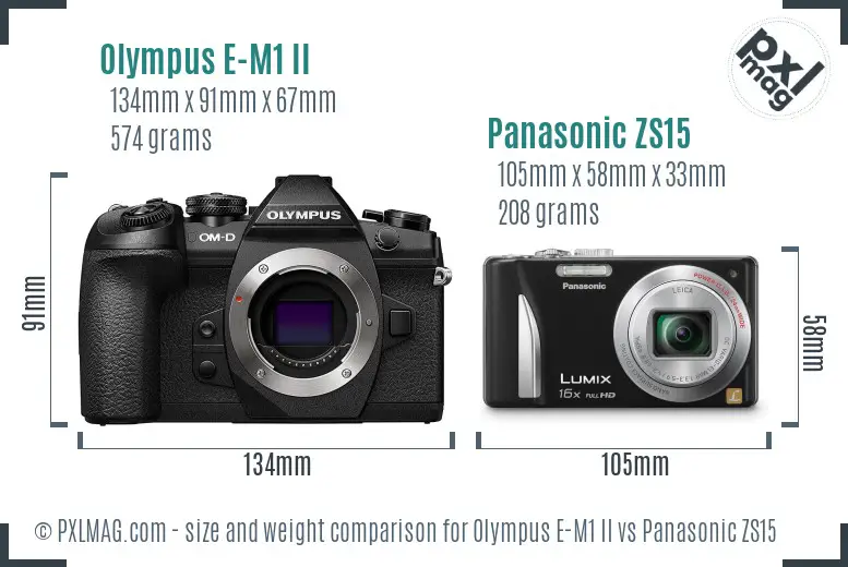 Olympus E-M1 II vs Panasonic ZS15 size comparison