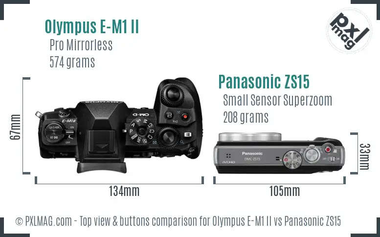 Olympus E-M1 II vs Panasonic ZS15 top view buttons comparison