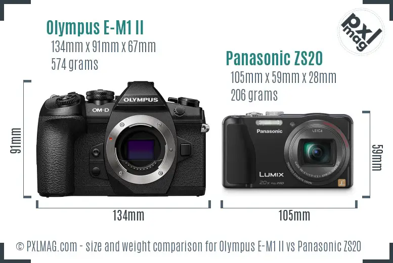 Olympus E-M1 II vs Panasonic ZS20 size comparison