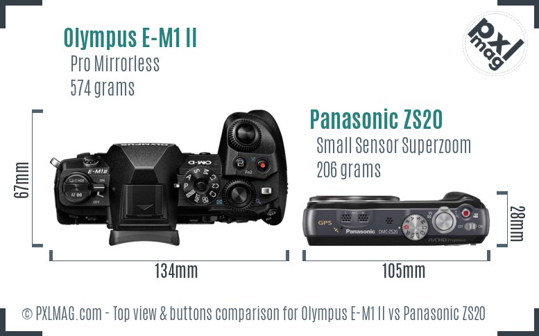Olympus E-M1 II vs Panasonic ZS20 top view buttons comparison