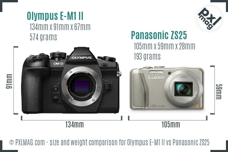 Olympus E-M1 II vs Panasonic ZS25 size comparison