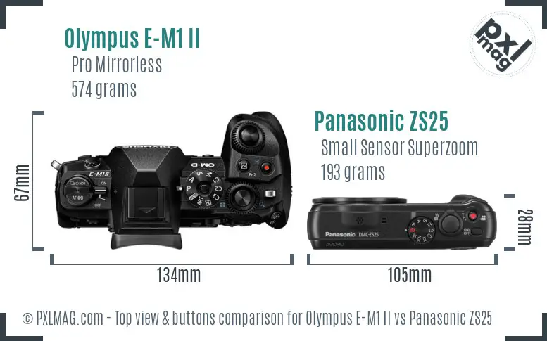 Olympus E-M1 II vs Panasonic ZS25 top view buttons comparison