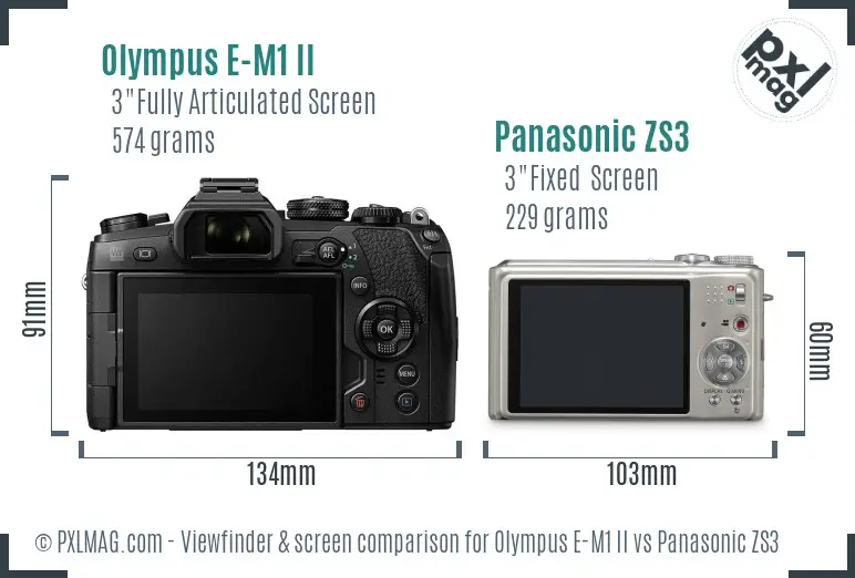 Olympus E-M1 II vs Panasonic ZS3 Screen and Viewfinder comparison
