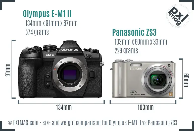 Olympus E-M1 II vs Panasonic ZS3 size comparison