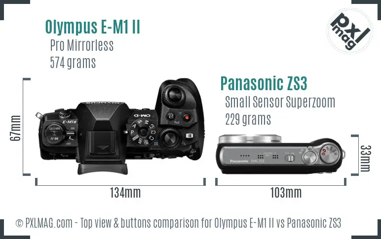 Olympus E-M1 II vs Panasonic ZS3 top view buttons comparison