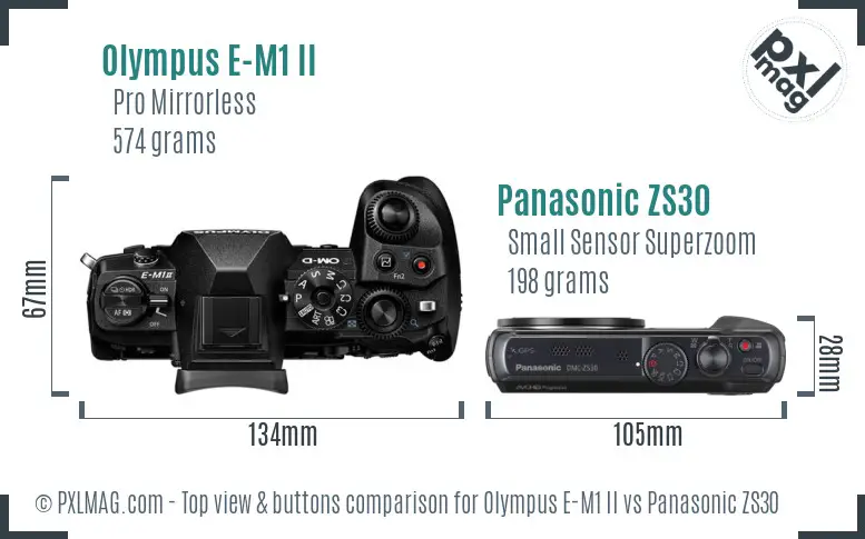 Olympus E-M1 II vs Panasonic ZS30 top view buttons comparison