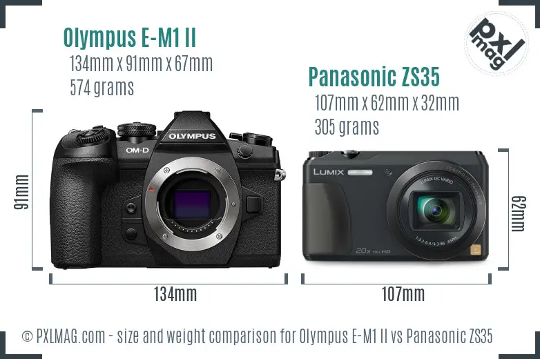 Olympus E-M1 II vs Panasonic ZS35 size comparison