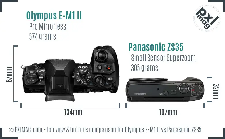 Olympus E-M1 II vs Panasonic ZS35 top view buttons comparison