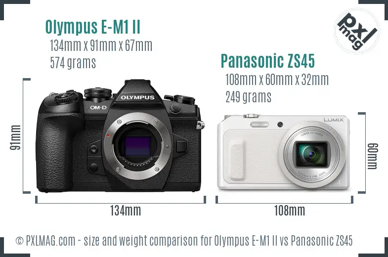 Olympus E-M1 II vs Panasonic ZS45 size comparison
