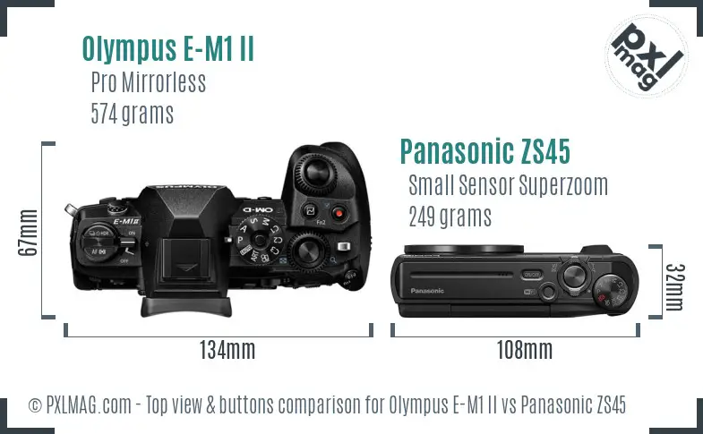 Olympus E-M1 II vs Panasonic ZS45 top view buttons comparison