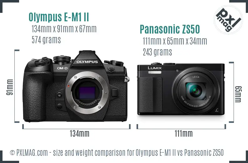 Olympus E-M1 II vs Panasonic ZS50 size comparison