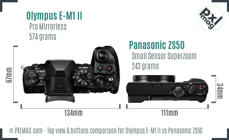 Olympus E-M1 II vs Panasonic ZS50 top view buttons comparison