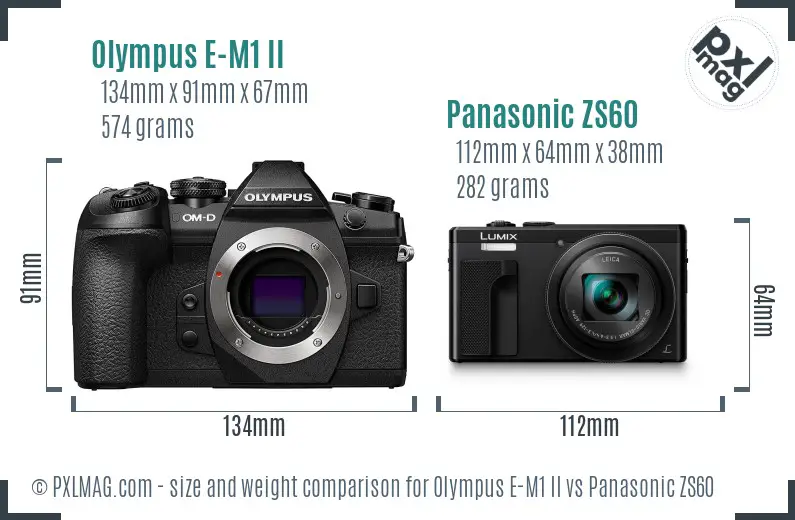 Olympus E-M1 II vs Panasonic ZS60 size comparison
