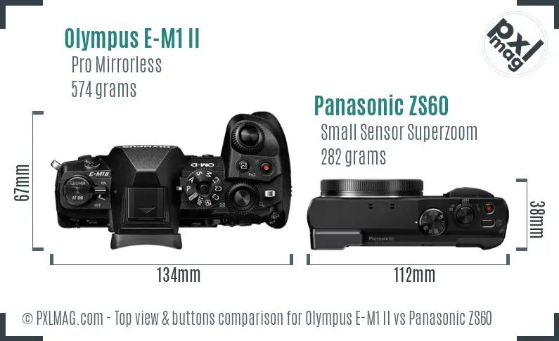 Olympus E-M1 II vs Panasonic ZS60 top view buttons comparison