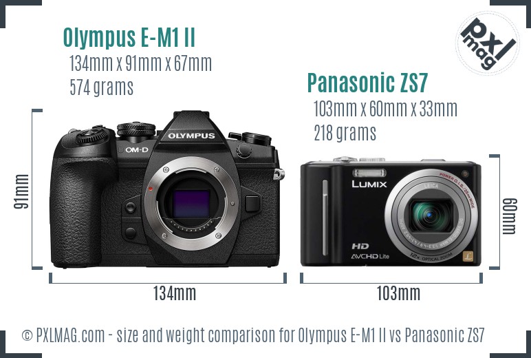 Olympus E-M1 II vs Panasonic ZS7 size comparison