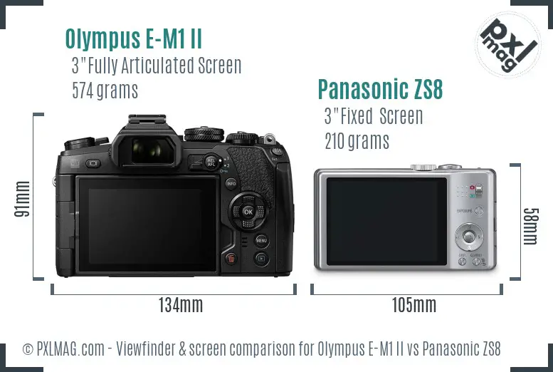 Olympus E-M1 II vs Panasonic ZS8 Screen and Viewfinder comparison
