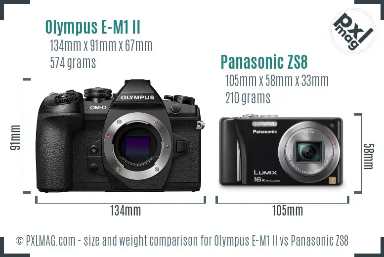 Olympus E-M1 II vs Panasonic ZS8 size comparison