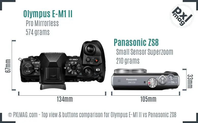 Olympus E-M1 II vs Panasonic ZS8 top view buttons comparison