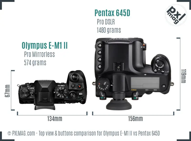 Olympus E-M1 II vs Pentax 645D top view buttons comparison