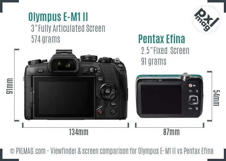Olympus E-M1 II vs Pentax Efina Screen and Viewfinder comparison