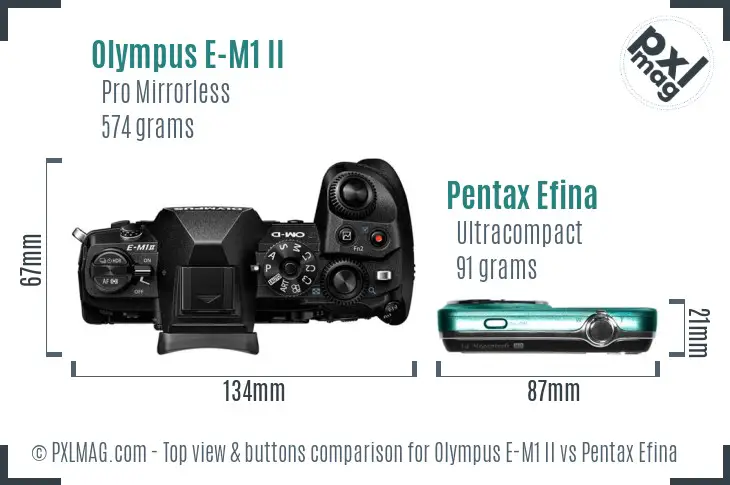 Olympus E-M1 II vs Pentax Efina top view buttons comparison