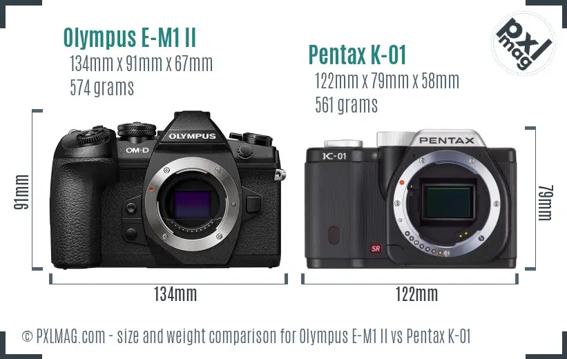 Olympus E-M1 II vs Pentax K-01 size comparison