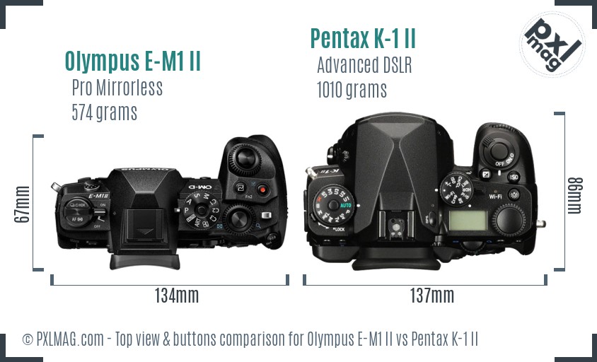 Olympus E-M1 II vs Pentax K-1 II top view buttons comparison