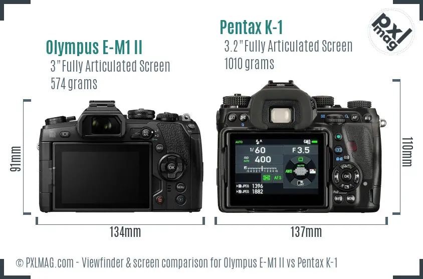 Olympus E-M1 II vs Pentax K-1 Screen and Viewfinder comparison
