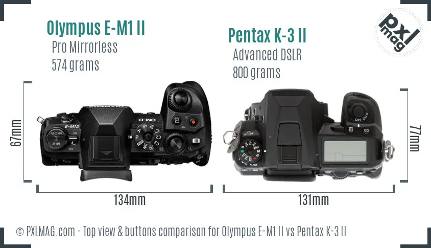 Olympus E-M1 II vs Pentax K-3 II top view buttons comparison