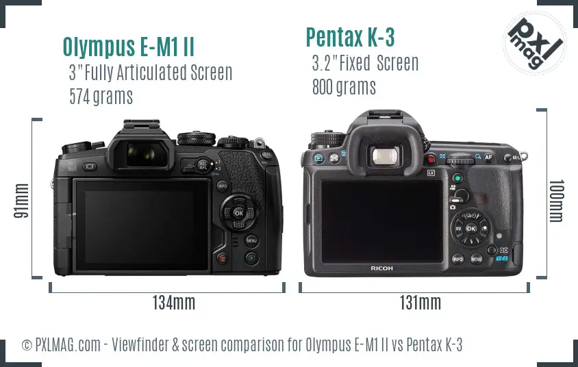 Olympus E-M1 II vs Pentax K-3 Screen and Viewfinder comparison