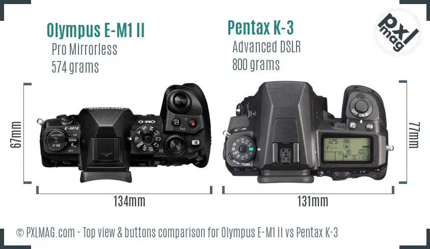 Olympus E-M1 II vs Pentax K-3 top view buttons comparison