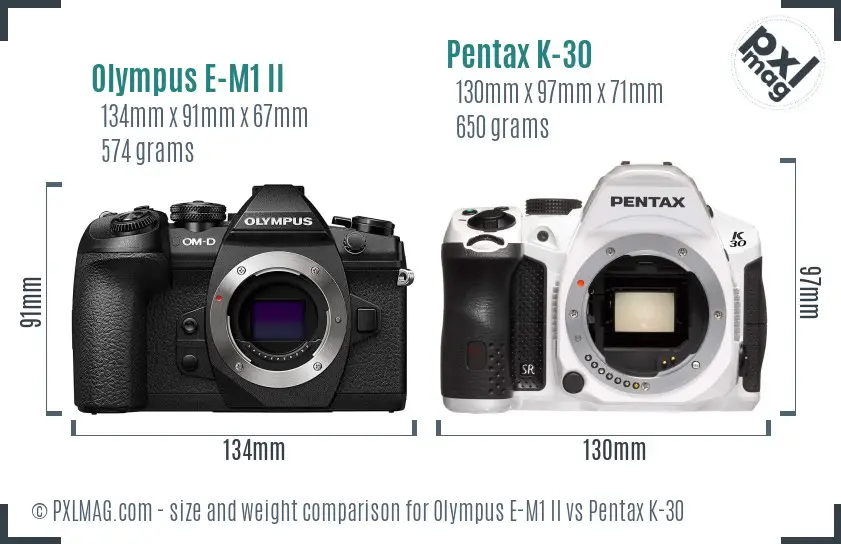 Olympus E-M1 II vs Pentax K-30 size comparison