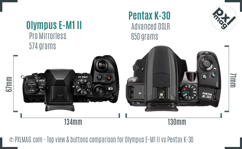 Olympus E-M1 II vs Pentax K-30 top view buttons comparison