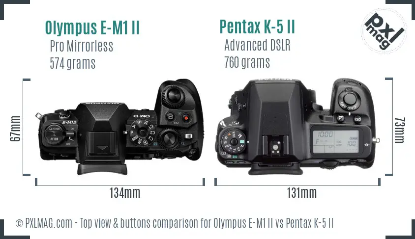 Olympus E-M1 II vs Pentax K-5 II top view buttons comparison