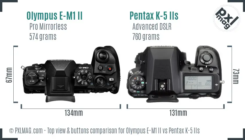 Olympus E-M1 II vs Pentax K-5 IIs top view buttons comparison