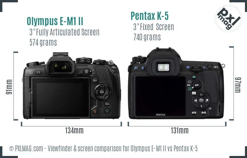 Olympus E-M1 II vs Pentax K-5 Screen and Viewfinder comparison
