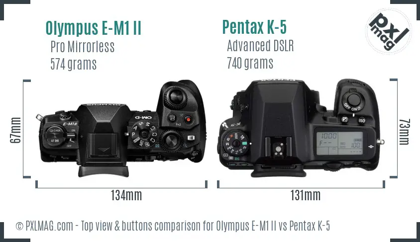 Olympus E-M1 II vs Pentax K-5 top view buttons comparison