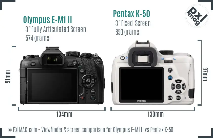 Olympus E-M1 II vs Pentax K-50 Screen and Viewfinder comparison