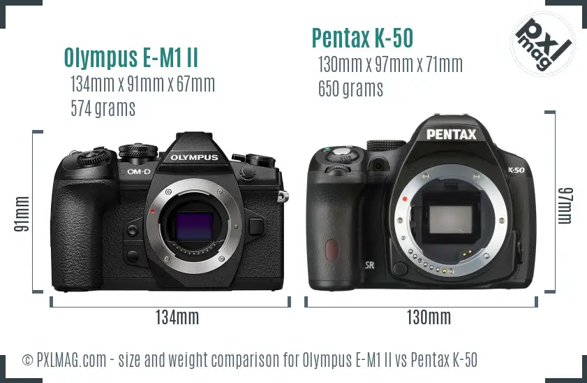 Olympus E-M1 II vs Pentax K-50 size comparison