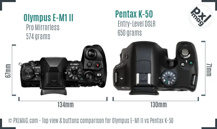 Olympus E-M1 II vs Pentax K-50 top view buttons comparison