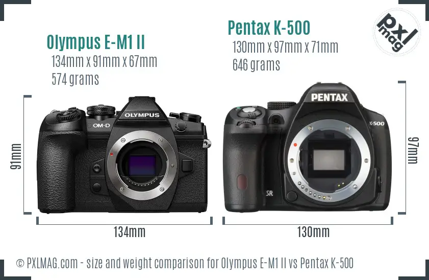 Olympus E-M1 II vs Pentax K-500 size comparison