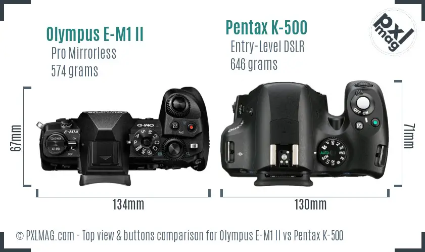 Olympus E-M1 II vs Pentax K-500 top view buttons comparison