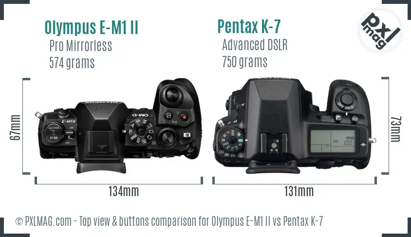 Olympus E-M1 II vs Pentax K-7 top view buttons comparison