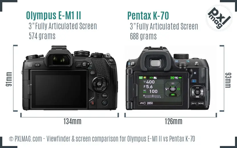 Olympus E-M1 II vs Pentax K-70 Screen and Viewfinder comparison