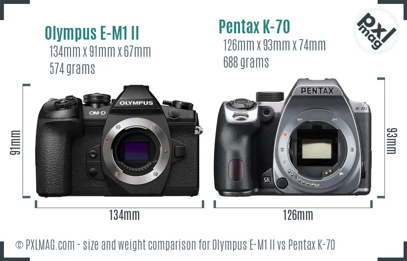 Olympus E-M1 II vs Pentax K-70 size comparison
