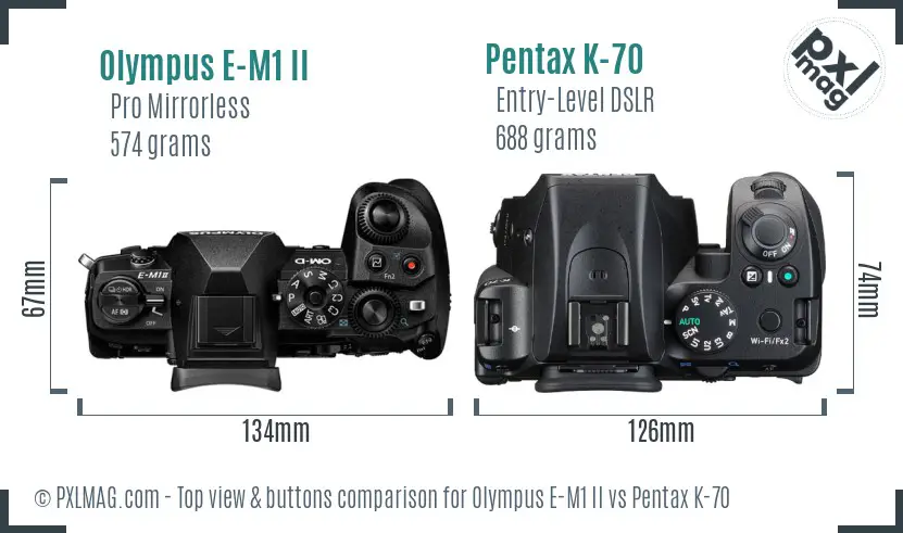 Olympus E-M1 II vs Pentax K-70 top view buttons comparison